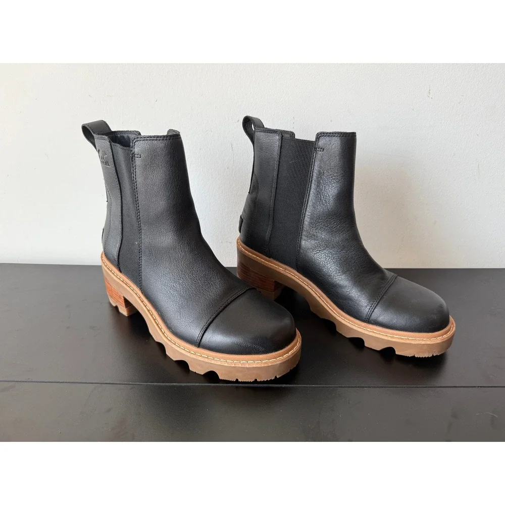 Sorel Joan Now Chelsea Boots Womens 11 Black Leather Lug Sole Block Heel